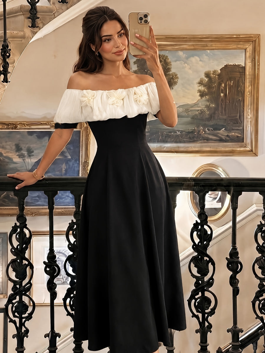 Targeted Elegant Women'S Clothing Floral Embellishment Off-Shoulder Dress - Black