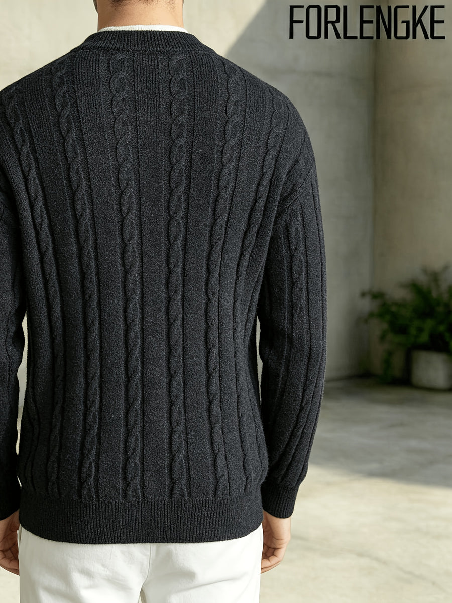 FORLENGKE 2026 New Men's Business Casual Crew Neck Cable Knit Sweater, Soft Warm Long Sleeve Pullover for Fall Winter Office Daily Wear - Black