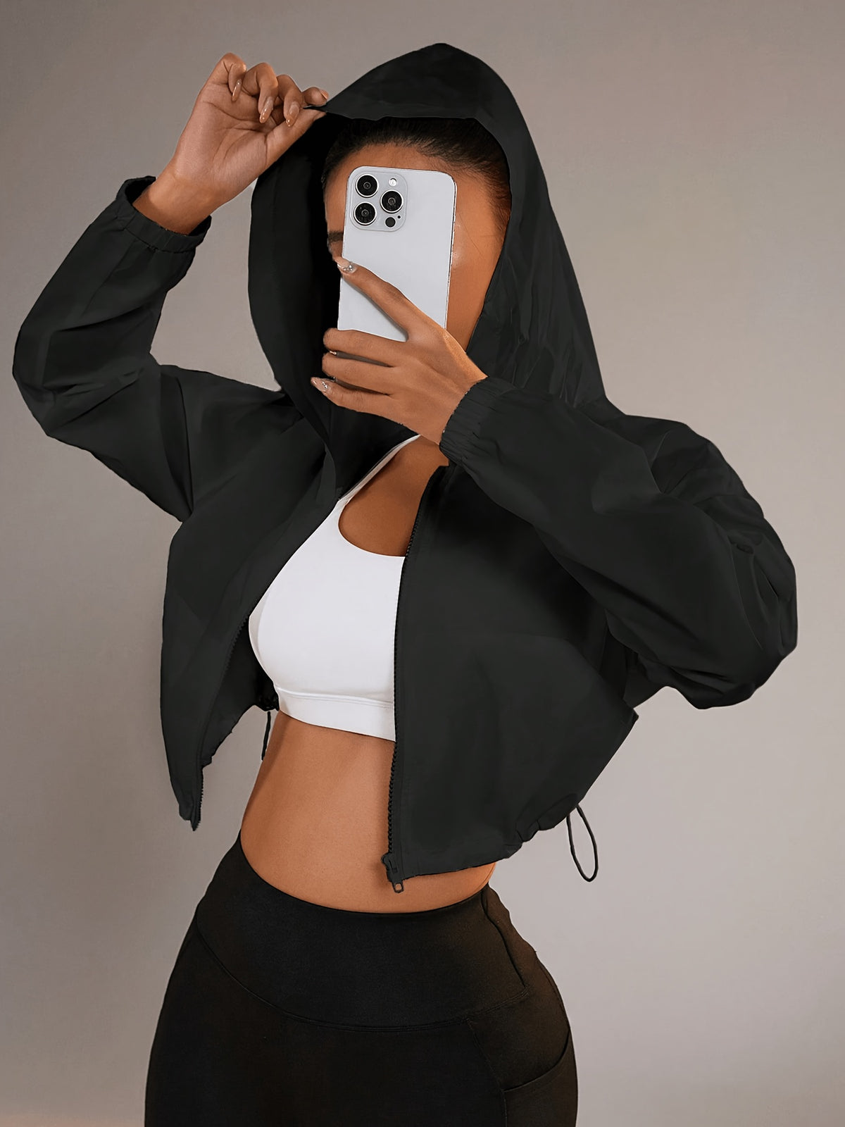 Women's Short Trench Coat with Zipper, Sash Tie, and Drawstring Pockets, a Lightweight Summer Casual Jacket - Black