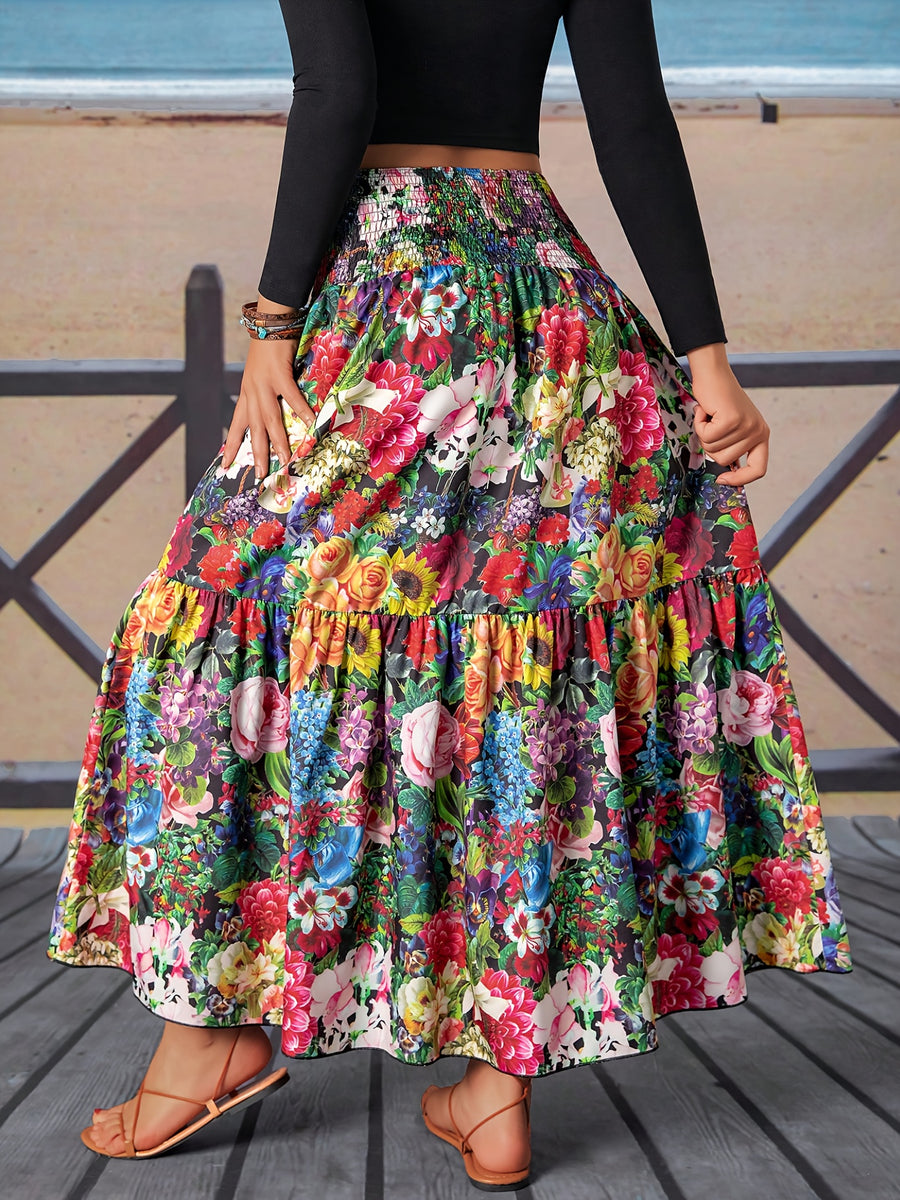 Women'S High-Waisted Shirred Tiered Floral Maxi Skirt, Bohemian Chic Flowy A-Line Long Skirt, Casual Summer Beach Vacation Swing Skirt, Suitable for Everyday Wear - 【Multi Color】