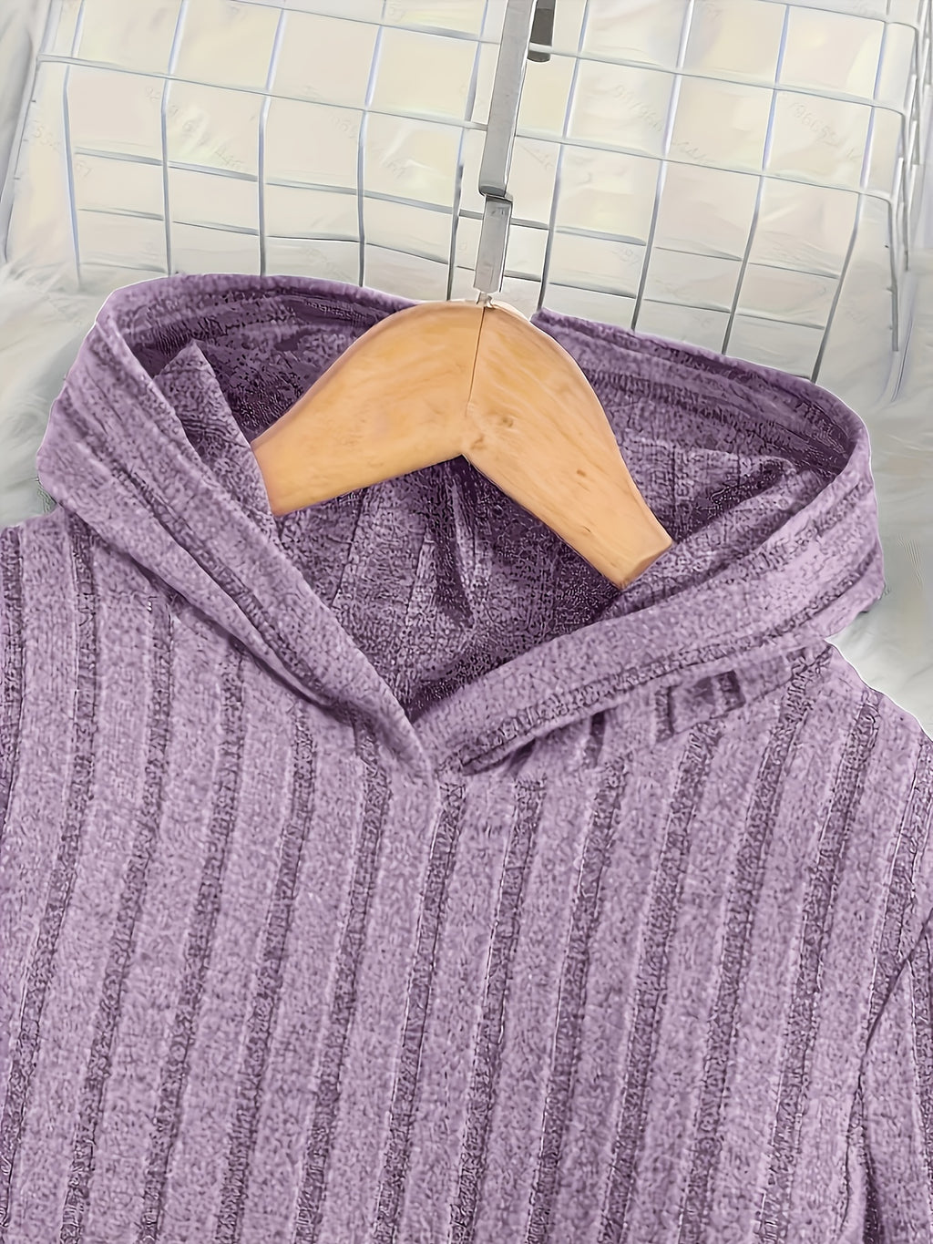 A Set of Women's Rib- Cable- Letter-appliqué Hoodie and Flared Pants - Light Purple