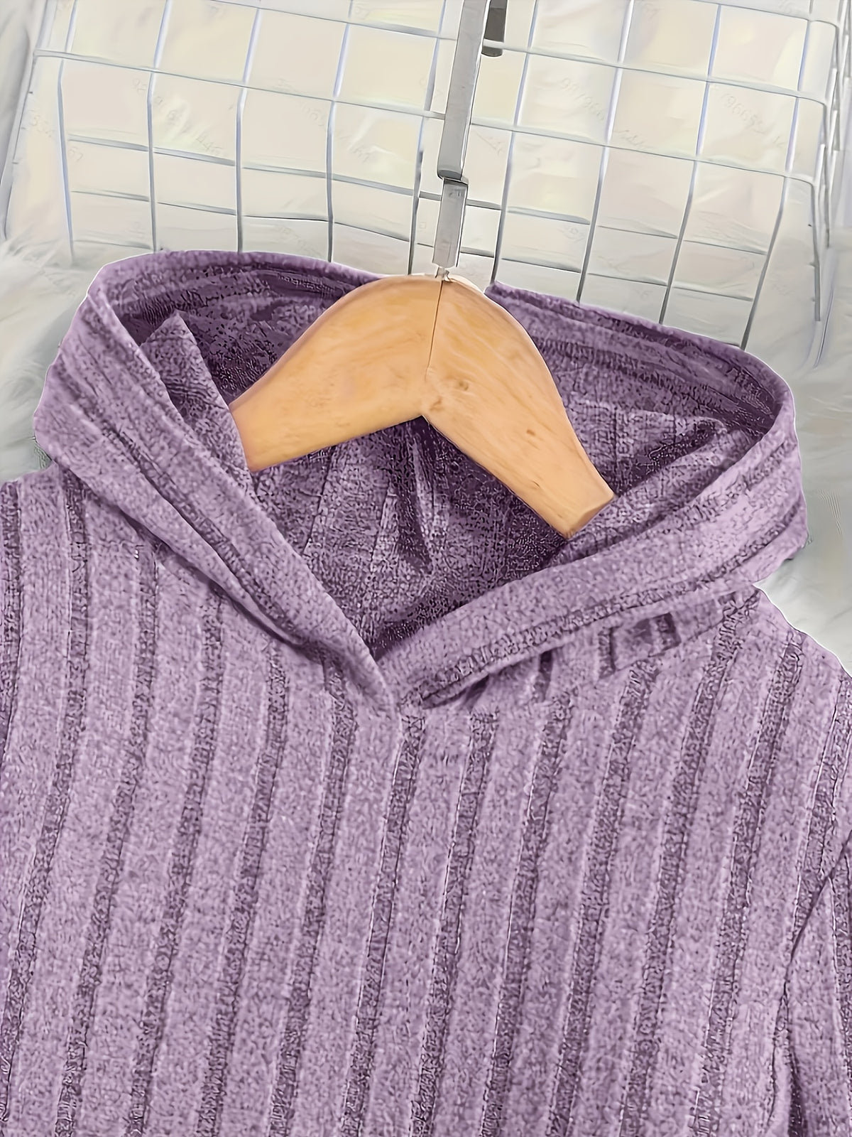 A Set of Women's Rib- Cable- Letter-appliqué Hoodie and Flared Pants - Light Purple