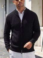 Men'S Knit Cardigan Autumn Winter Double-Headed Zipper Thickened Jacket Fashion Casual All-Match Stand Collar Sweater - Black