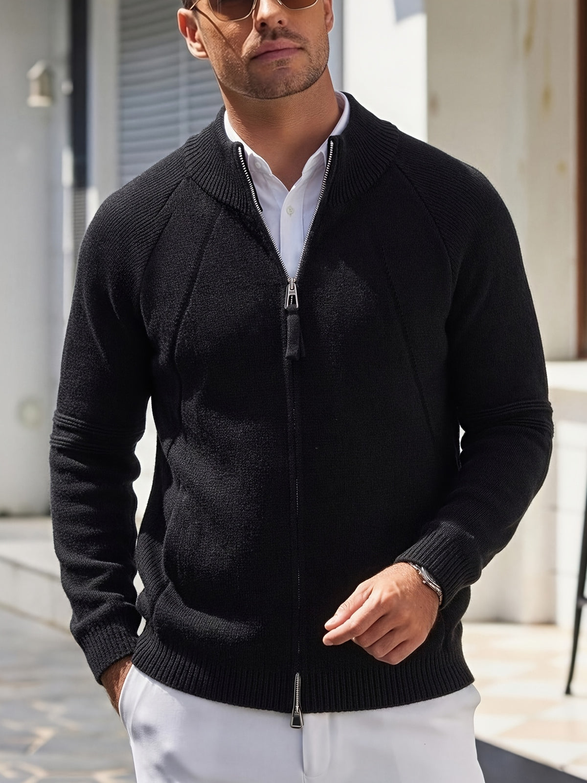 Men'S Knit Cardigan Autumn Winter Double-Headed Zipper Thickened Jacket Fashion Casual All-Match Stand Collar Sweater - Black