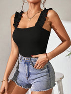 Solid Color Pleated Thin Strap Bodysuit - Black