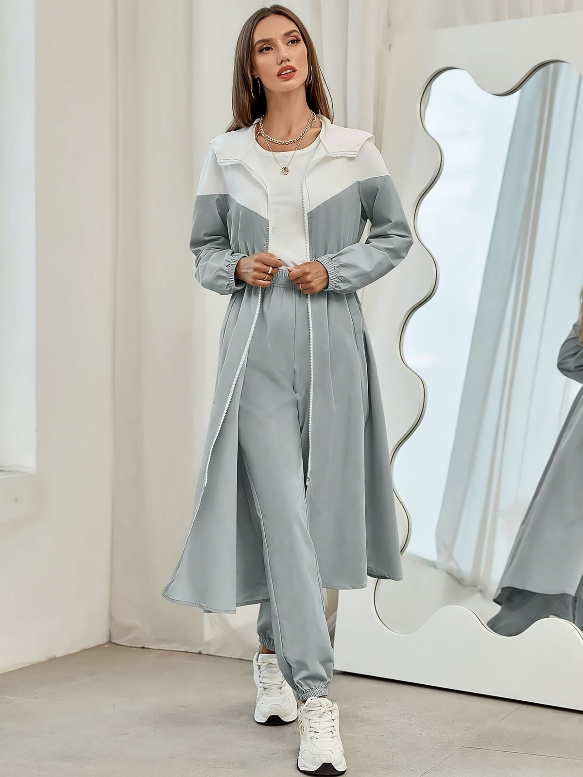 WY260622044 Autumn Women'S Color-Block Hooded Jacket And Pants Set 2pcs Set - Grey