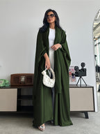 Middle Eastern Muslim Solid Color Loose Robe with Batwing Sleeves, Long Dubai Cardigan with Headscarf - Olive Green