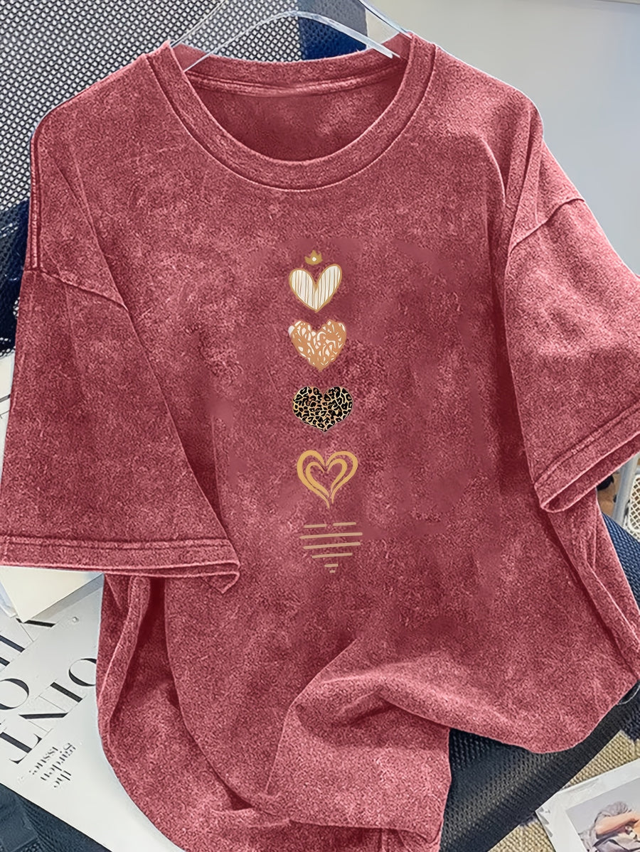 Plus Size - Plus Size - Casual Everyday Washed T-Shirt with a Retro Crew Neck And Short Sleeves, Designed for Plus Sizes And Featuring a Love Print - Red