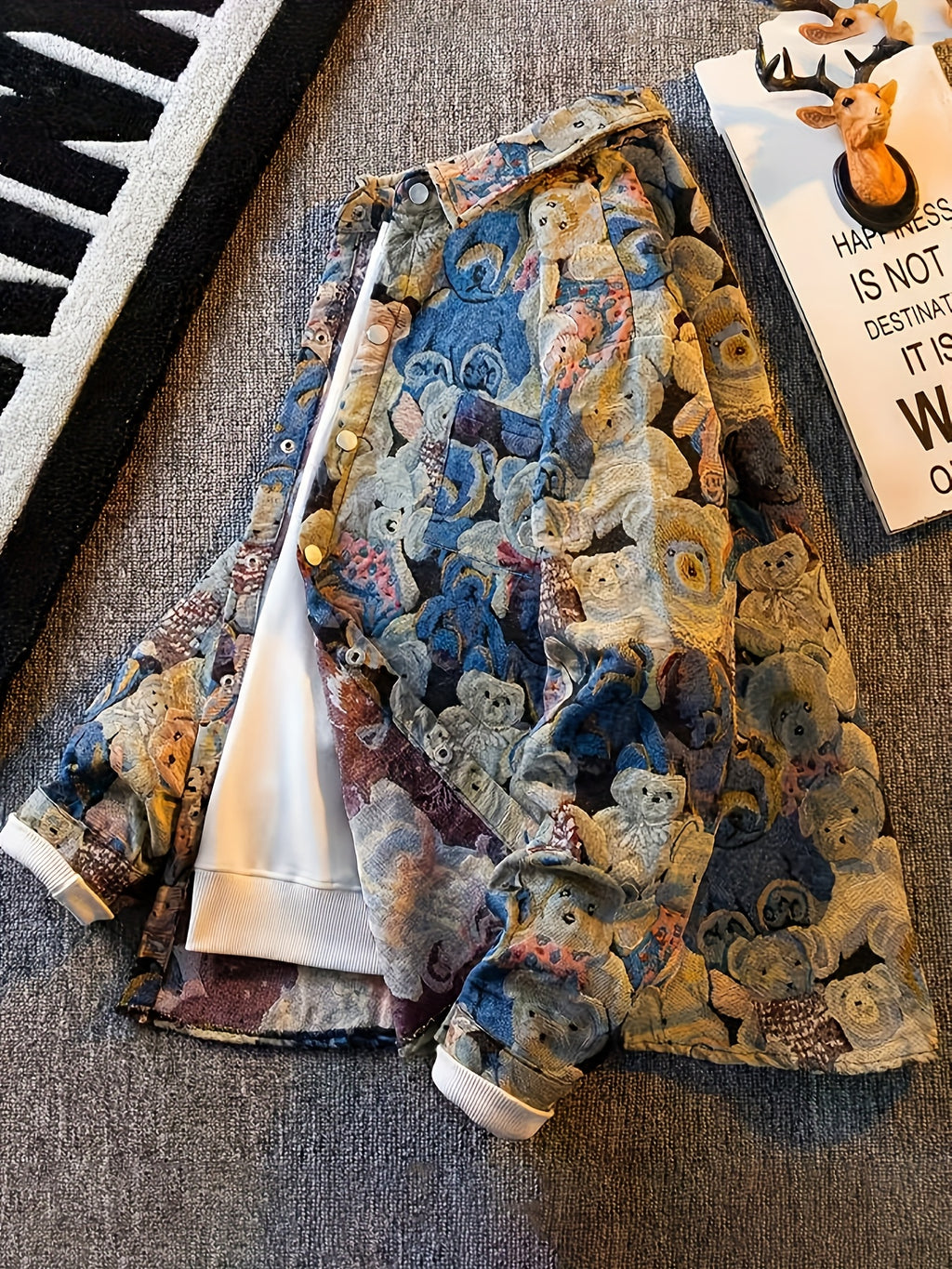 Men'S American Retro All-Over Floral Woven Teddy Bear Shirt Jacket, Men'S Autumn Premium Trendy Brand Bad Boy Influencer Casual Shirt - Multicolor
