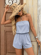 Bad Style Leopard Print Bandeau Jumpsuit, Summer Tummy Control Wide-Leg Shorts, Vacation Style - Sky Blue