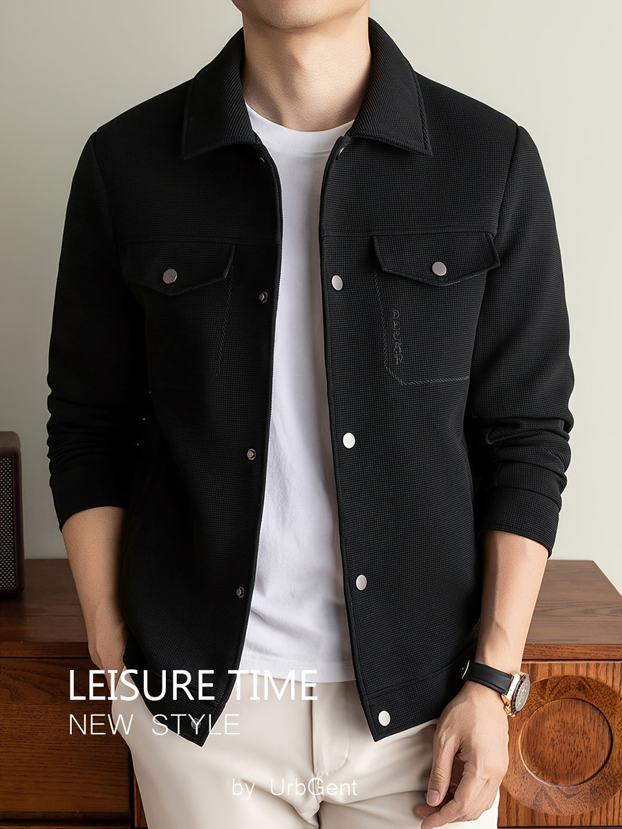 Men's Lightweight Textured Jacket with Button-Front & Collar - Soft Breathable Workwear Coat Suitable for Business Office, Travel, Casual Streetwear, Spring/Autumn Outerwear, Hand Washable Button-Up Blazer - Black