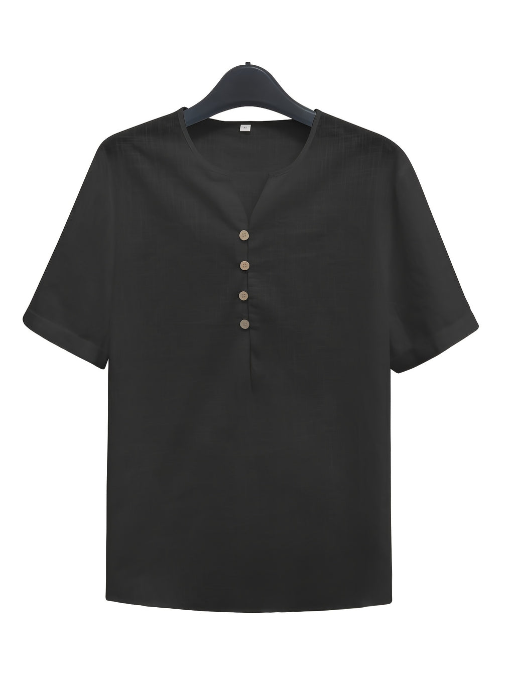 Men'S Lightweight White Short Sleeve V-Neck Button-Up Shirt - Retro Classic Fitted Style Summer Casual Top, Solid Color Breathable Fabric for Warm Weather - Black