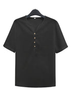 Men'S Lightweight White Short Sleeve V-Neck Button-Up Shirt - Retro Classic Fitted Style Summer Casual Top, Solid Color Breathable Fabric for Warm Weather - Black