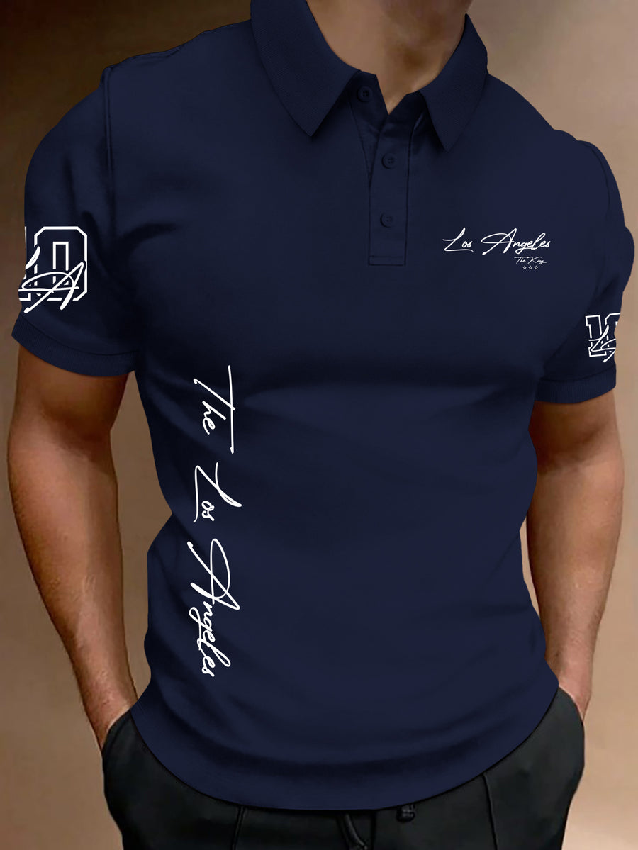 Fashion Men's Short-Sleeve POLO Sporty Style City Letter Layered Digital Print Polo Shirt - Navy Color