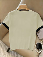 Popular New Spring/Summer Contrast Color Neckline and Cuffs Pullover Short-Sleeve T-Shirt, Ins-Style Simple and Fresh Fabric T-Shirt - Apricot