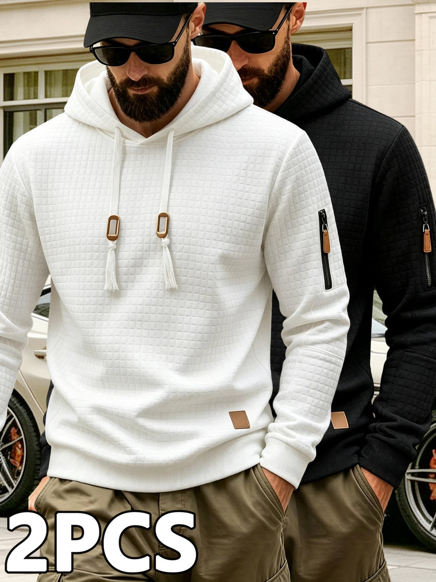 2pcs Men'S Checkered Hooded Sweatshirts, Long Sleeve Pullover Tops, Regular Fit Knit Fabric, with Zippered Pockets, Soft Stretch Knit Sweater, Lightweight Casual, Suitable for Spring Fall Travel Streetwear - Off-white+black