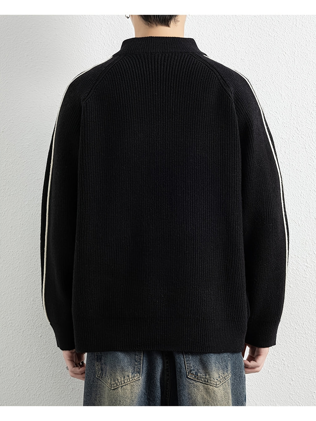 [Wading Whale OBM] Spring/Autumn New Men'S Knit Cardigan, Old Money Style Color-Block Striped Zipper Front Stand Collar Cardigan for Men, Business Casual Fashion Knitwear, Suitable for Spring, Autumn, Winter Layering Or Outerwear, Fits Daily Casual - Black