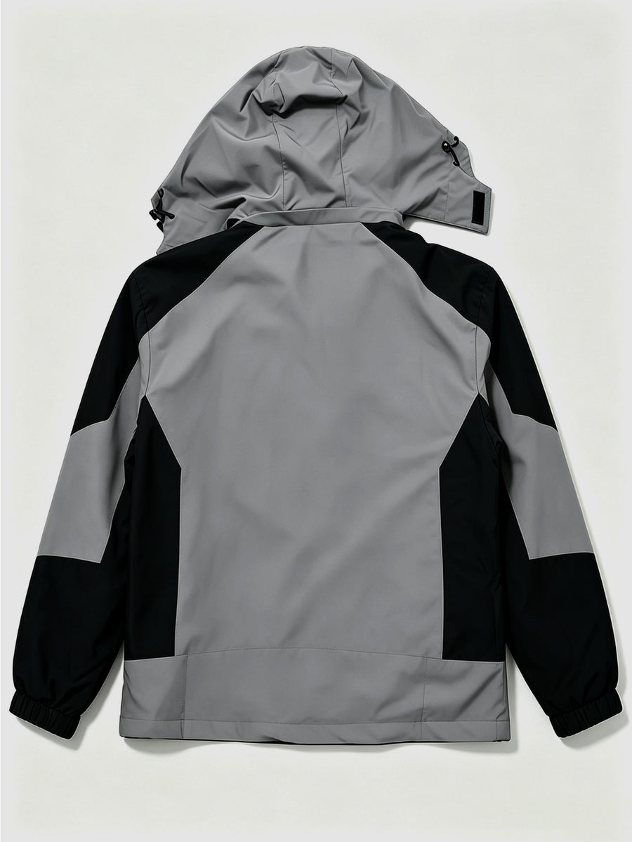 Men's Sport Hooded Jacket, Black Color-Block Windbreaker, Adult Printed Top with Detachable Hood - Grey