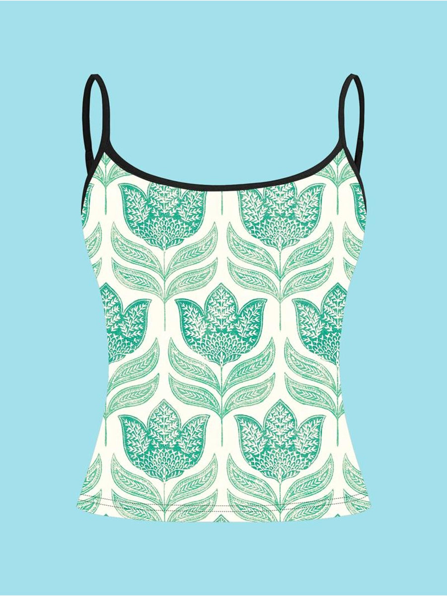 6pcs Women'S Camisole Vest Set, Floral Print, Fabric, Multi-Color And Multi-Size Available, Thin Straps with Black Neckline Trim, Ideal for Daily Wear And Casual Outings, Fashionable And Comfortable