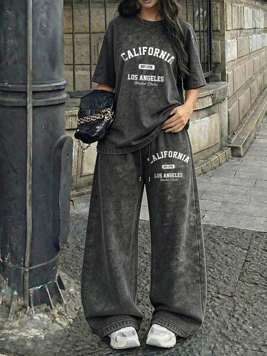 Street Style CALIFORNIA Los Angeles Letter Pattern Print, Women'S 2Pcss Set, Ladies Vintage Washed Fabric Loose Casual Round Neck Short Sleeve T-Shirt And Elastic Waist Drawstring Vintage Washed Casual Athletic Long Pants Women'S 2Pcss Suit - Black+black