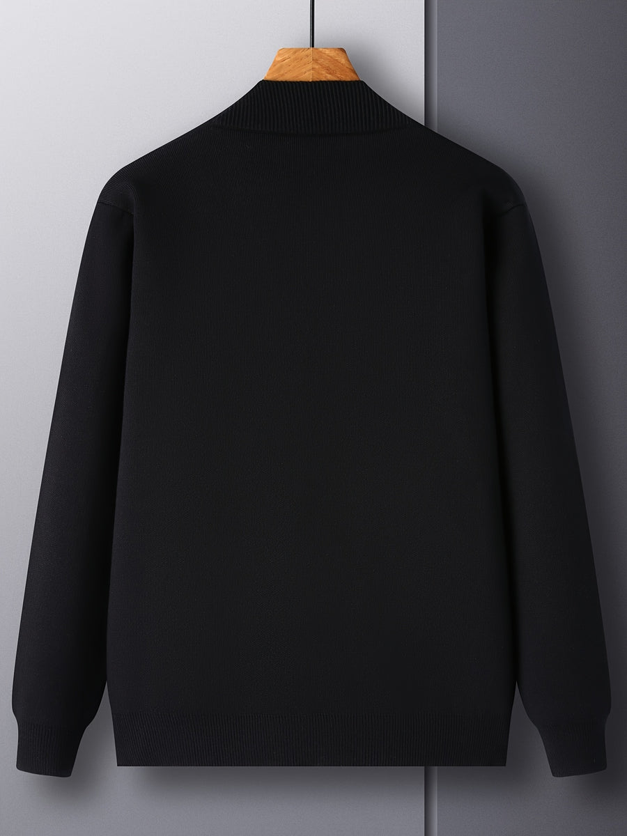 [Wading Whale OBM] Spring/Summer New Men'S Knit Cardigan, Old Money Style Solid Color V-Neck Long Sleeve Open Front Sweater with Single Button Closure And Ribbed Texture, Side Pockets And Chest Embroidery Design - Black