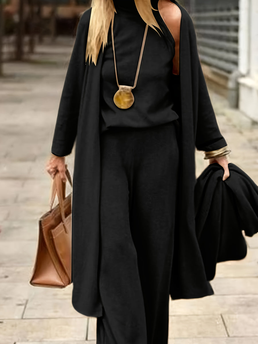 3pcs Set: Elegant Solid-color Cardigan, Turtleneck Base Layer, and Loose-fit Trousers—suitable for Multiple Occasions Such as Office Wear, Commuting, and Daily Elegance. Machine Washable for Autumn/winter Styles - Black