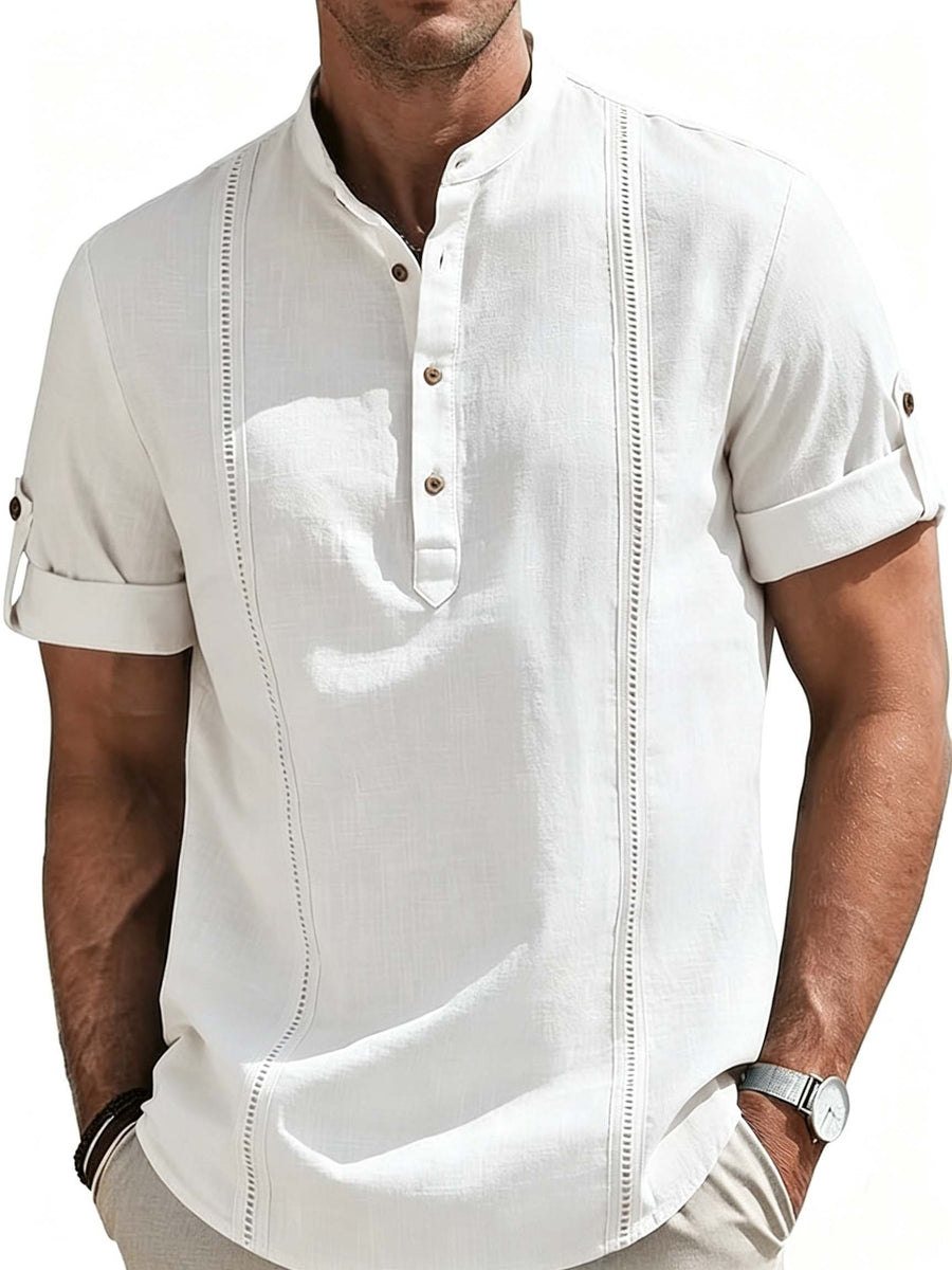 Men'S Short Sleeve Shirt, Stand Collar Half-Button Cuff with Roll-Up Sleeves, Business Casual Breathable Top - White