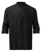 Men'S Fashion New Spring And Autumn Tops Featuring a Stand Collar Henley Shirt, with a Half-Open Single Row of Buttons, Perfect for Outdoor Beach Wear - Black