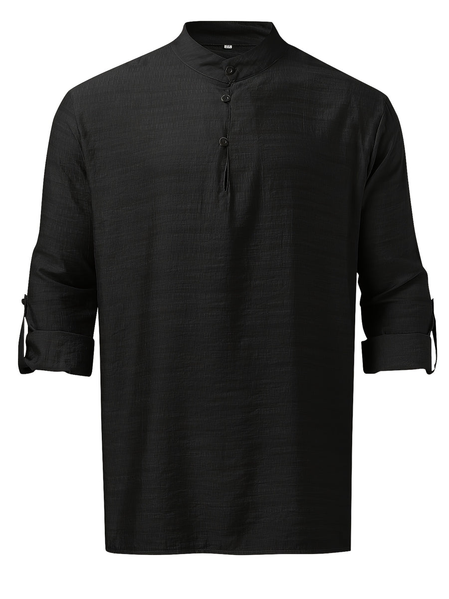 Men'S Fashion New Spring And Autumn Tops Featuring a Stand Collar Henley Shirt, with a Half-Open Single Row of Buttons, Perfect for Outdoor Beach Wear - Black