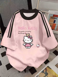 Sanrio Hello Kitty Cartoon Pattern Casual Fashion T-shirt from Sanrio, Black Contrasting Design, Round Neck Short Sleeved Shirt, Cute T-shirt, Perfect for Spring and Summer Casual Wear and Holiday Gifts - Pink