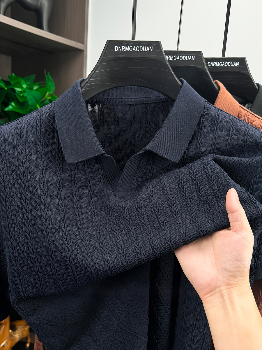 Men's Casual Short-Sleeve Golf Polo Shirt, Featuring a Stylish Jacquard Fabric Design, Suitable for Business, Daily, and Outdoor Wear - Navy Color