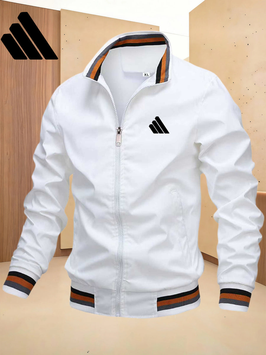 Men'S Sports Solid Color Stand-Up Collar Jacket, Color Striped Rib Hem, Lightweight And Windproof, Creative Three-Bar Totem Design Elements, Suitable for Jogging in Spring And Autumn, Daily Casual Versatile - White