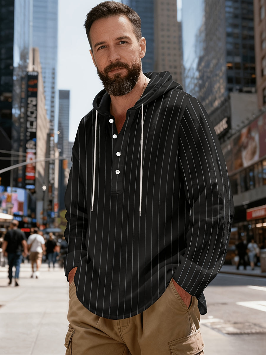 New Men'S All-Season Linen Shirt, Linen Striped Casual Long-Sleeve Hooded Top, Breathable And Comfortable, High Street Style - Black