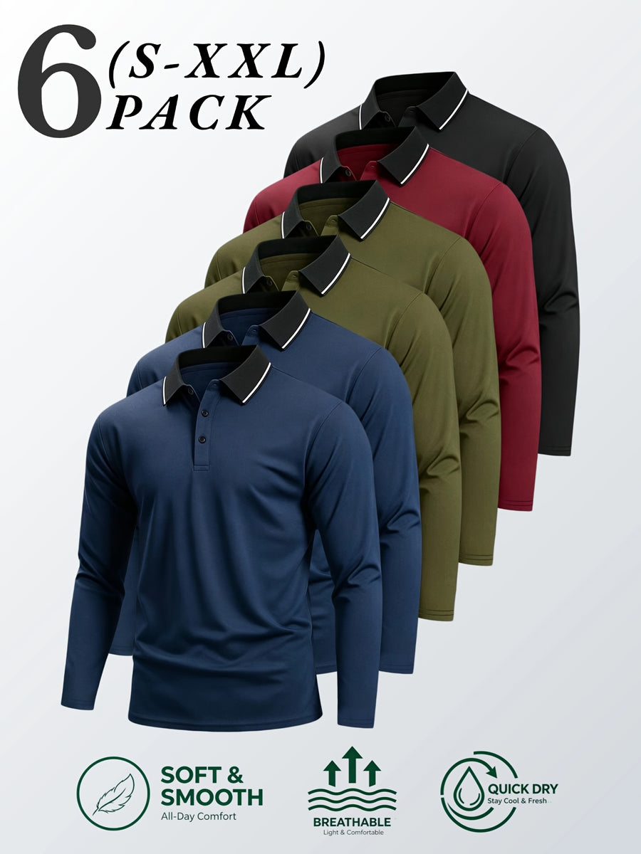 6pcs/Set Striped Lapel Long Sleeve Casual Sports Mesh Quick-Dry Breathable Comfortable POLO Shirt Basic Solid Color - Navy Blue 2+Green 2+Red+Black