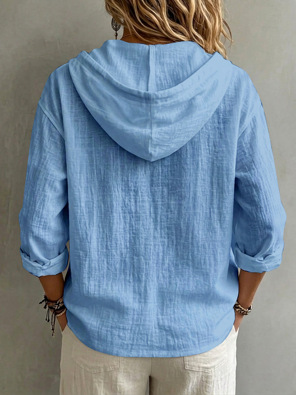 Women's Casual Solid Color Pure Single-Breasted Drawstring Hooded Long-Sleeve Shirt, Loose and Comfortable for Daily Wear, Gatherings, and Office - Sky Blue