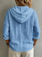 Women's Casual Solid Color Pure Single-Breasted Drawstring Hooded Long-Sleeve Shirt, Loose and Comfortable for Daily Wear, Gatherings, and Office - Sky Blue