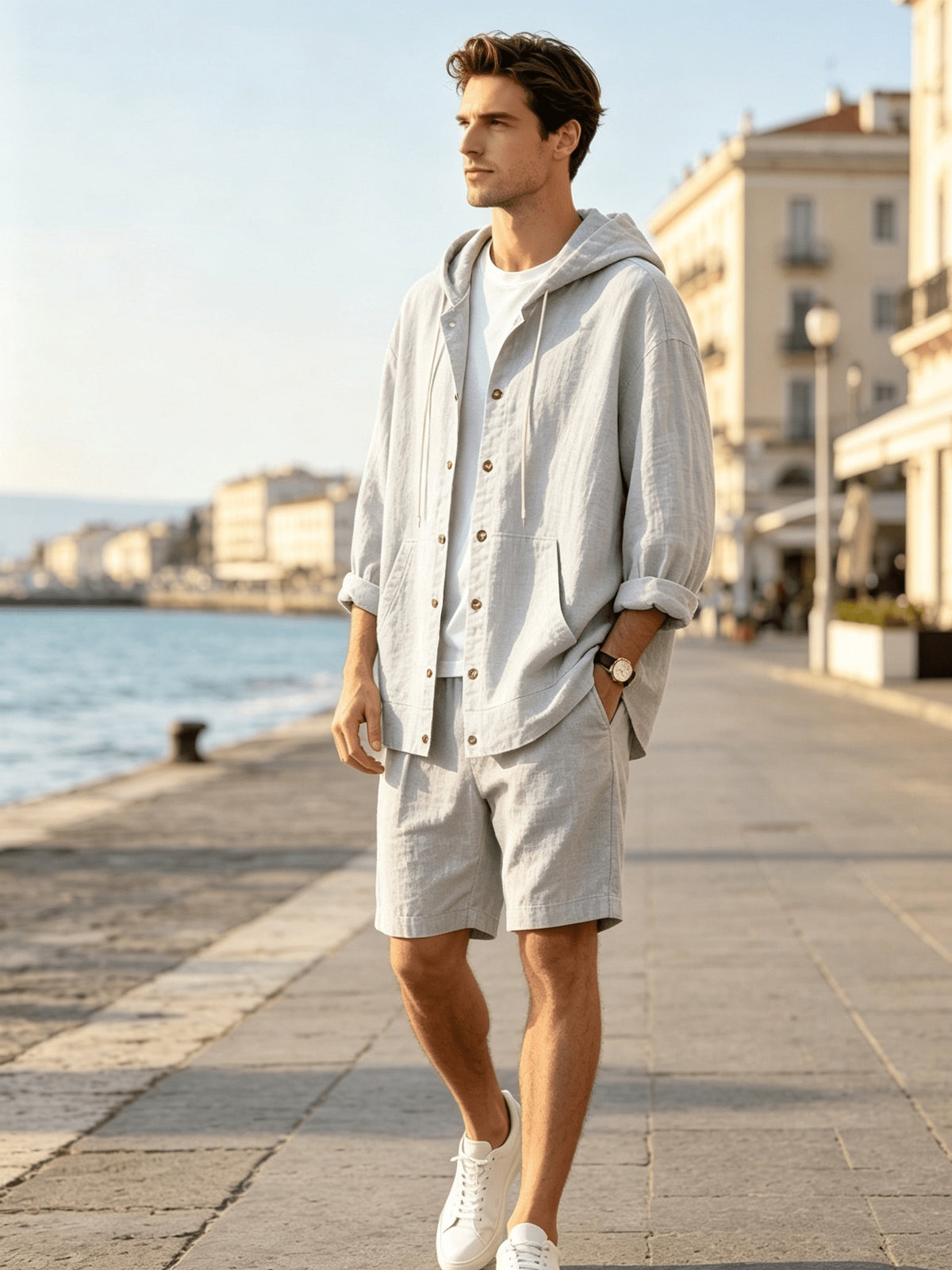 2026 New Men's Hooded Shirt, Soft and Breathable Linen Fabric, for Vacation, Travel, Leisure, Outdoor Fishing, and Beach - White