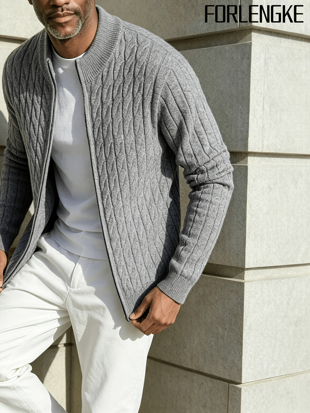 FORLENGKE New Stylish Men's Business Casual Stand Collar Cable Knit Zip Up Cardigan, Soft Warm Long Sleeve Knit Jacket for Fall Winter Office Daily Wear - Grey