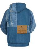 Men'S Long Sleeve Pullover Hoodie, Faux Denim Patchwork Back Label Graphic, Digital Print, Drawstring Hood, Ribbed Cuffs Hem, Regular Fit, Polyester, Casual Style, for Daily Wear Weekend Leisure, Spring Autumn - Mixed colors