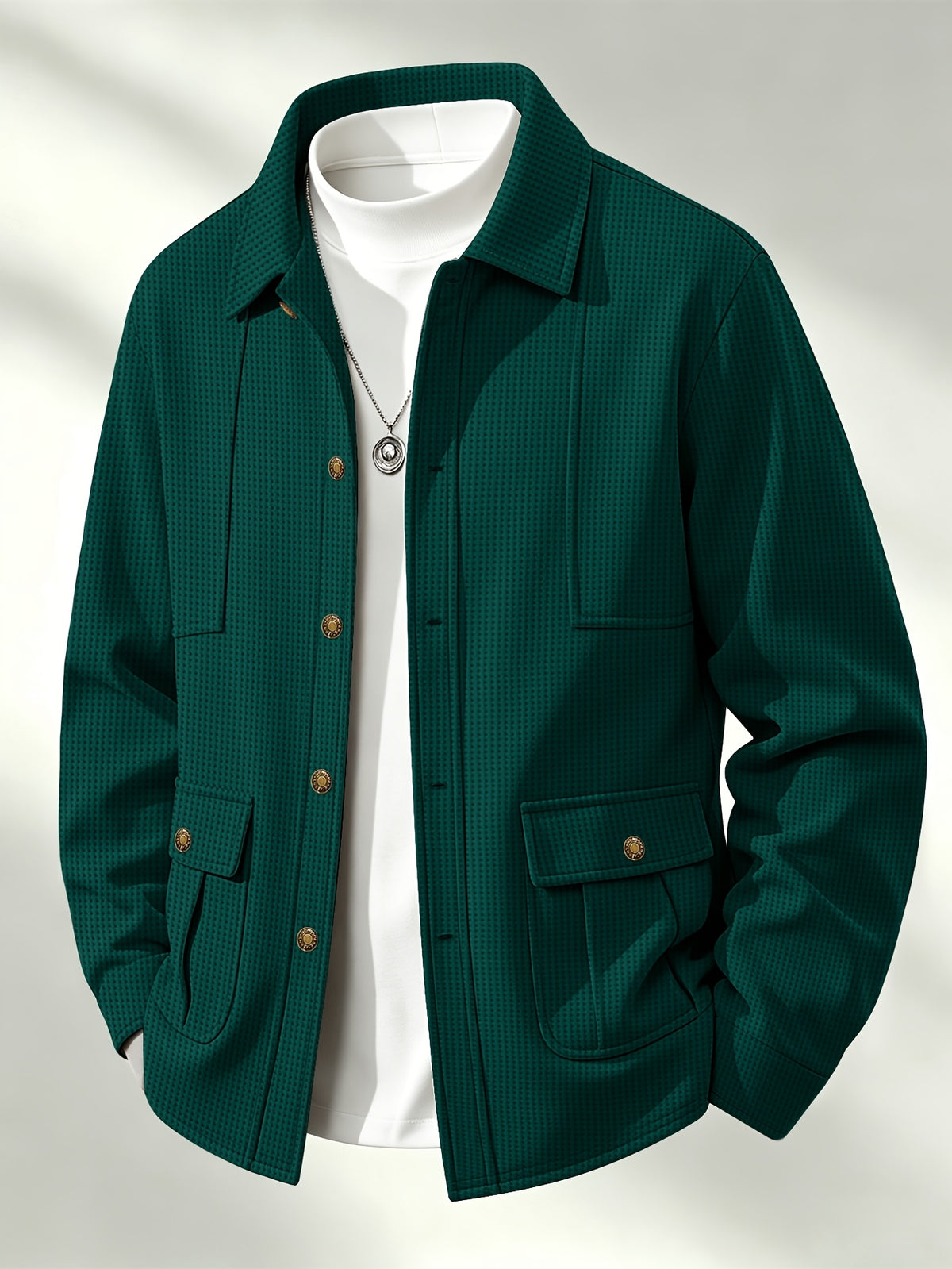 Men'S New Fall Winter Waffle Knit Shirt Jacket with Lapel, Multi-Pocket Button-Front Cargo Jacket - Dark Green