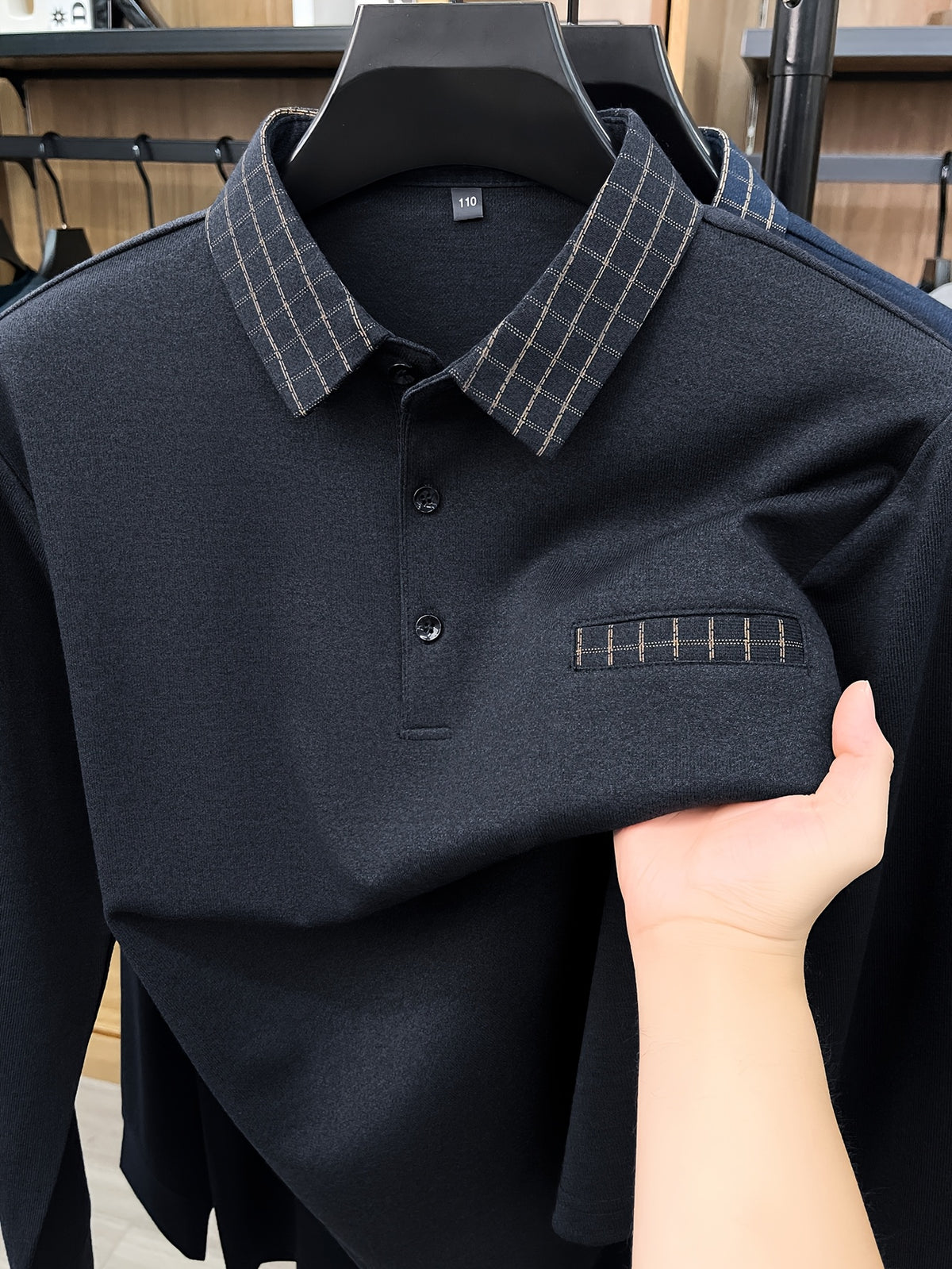 Men's Long-Sleeve Plaid Lapel Polo Shirt for Spring and Autumn, Dad Style Top - Grey