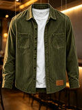 Men'S Fashion Corduroy Solid Color Lapel Shirt, Pocket Embellished Casual Open Front Blouse Men'S Top Shirt - Olive Green
