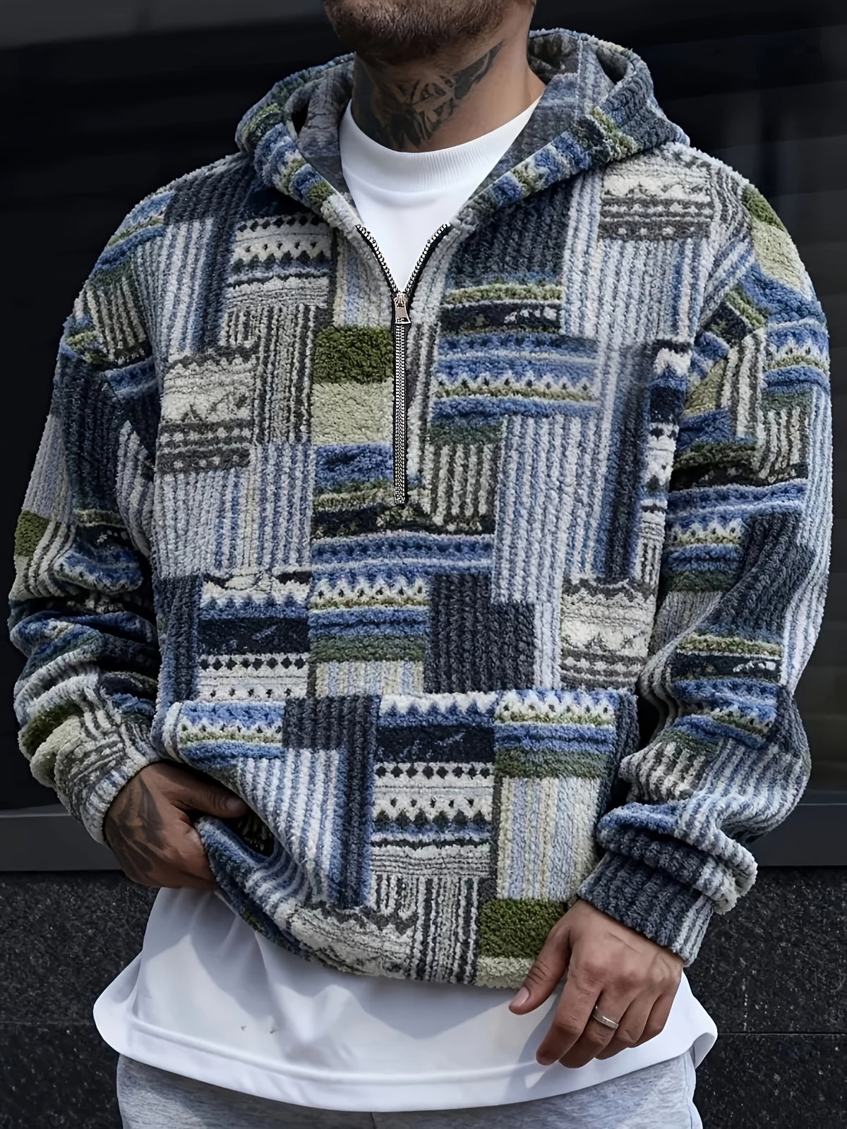 Men's Trendy Printed Hooded Zip-Up Plush Sweatshirt with Large Pockets, Soft, Comfortable, Thick, and Warm Fabric, Suitable for Daily Streetwear, Commuting, Casual Outings, Parties, and Social Gatherings, New Autumn/Winter Long-Sleeve Sweatshirt - Sky Blue