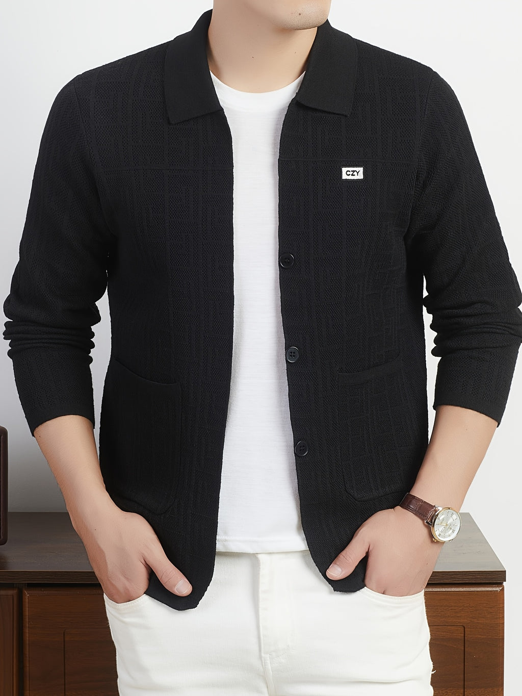 Du Jing Lan OBM Autumn/Winter New Arrival Men's Knit Cardigan, Old Money Style Solid Color Open Front Button-Up Lapel Long Sleeve Knit Cardigan, Men's Business Casual Fashion Open Front Knit Base Layer Top, Suitable for Layering in Spring - Black