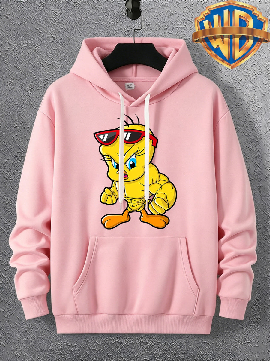 Warner Licensed Men'S Autumn Long Sleeve Hooded Sweatshirt, Durable Ribbed Cuffs, Breathable Polyester Fabric, Funny Muscle Bird Creative Cartoon Print, Suitable for Campus Youth Daily Wear, Class And Social Outings, Loose Drop Shoulder Cut - pink