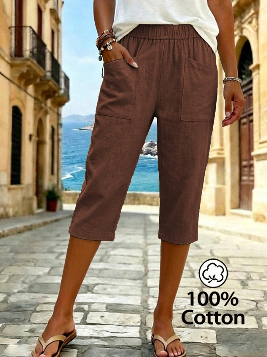 Women's Summer Solid Color Relaxed Fit Casual Mid-Length Pants, Made of Pure Fabric, with Elastic Waistband and Pockets. Loose-Fitting Mid-Length Pants, Suitable for Vacation and Daily Wear - Dark Brown