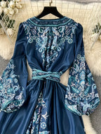 New Elegant Vintage Court-Style Middle Eastern Long Robe, Traditional Ethnic Print Maxi Dress with Deep V-Neck, Waist Belt, Lantern Sleeves, and Long Length for Women - Navy Color
