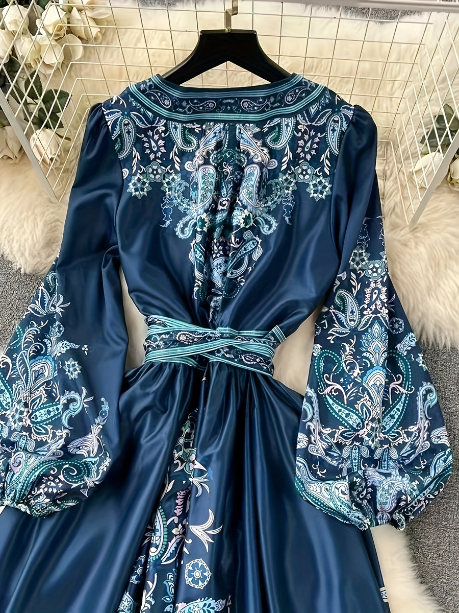 New Elegant Vintage Court-Style Middle Eastern Long Robe, Traditional Ethnic Print Maxi Dress with Deep V-Neck, Waist Belt, Lantern Sleeves, and Long Length for Women - Navy Color
