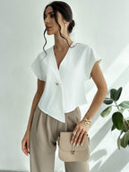 Elegant Middle Eastern-Inspired Women's V-Neck Button-Front Blouse - Lightweight Machine-Washable Solid Color Shirt for Summer Commuting, Music Festivals & Casual Outings - Elegant Collection, Versatile Top, Minimalist Design, Breathable Fabric, Stylish - White