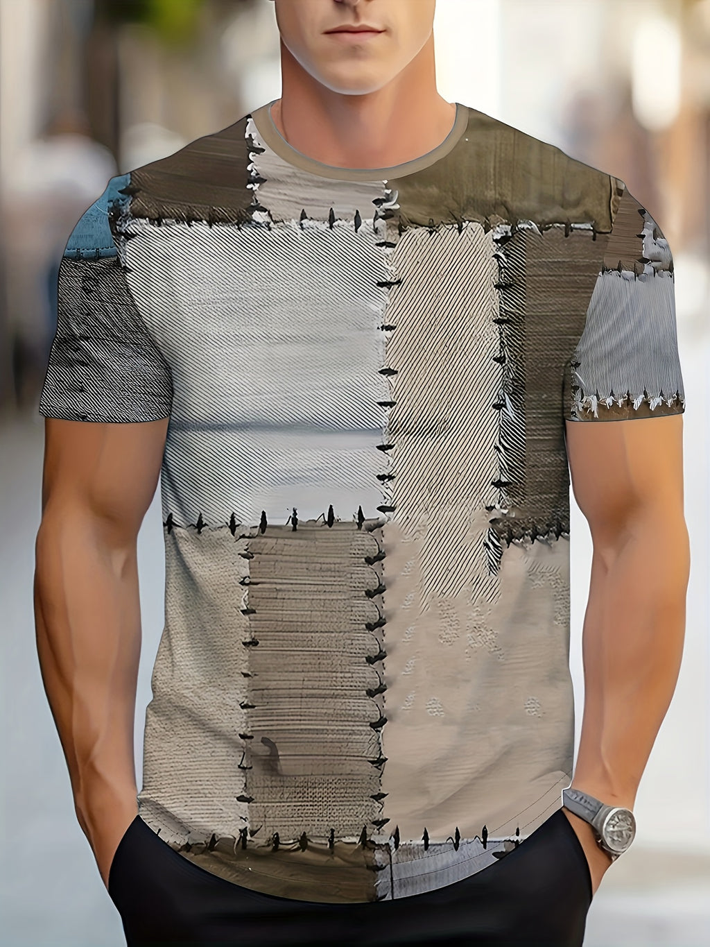 Men's Summer 3D Digital Print Street Style T-Shirt - Regular Fit Crew Neck Patchwork Design, Breathable Fabric Suitable for Casual and Sportswear, Machine Washable, Fashionable Pattern Top, Textured Shirt - Mixed Color 2